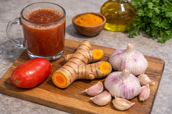 Bebida natural para la próstata con tomate, ajo y cúrcuma