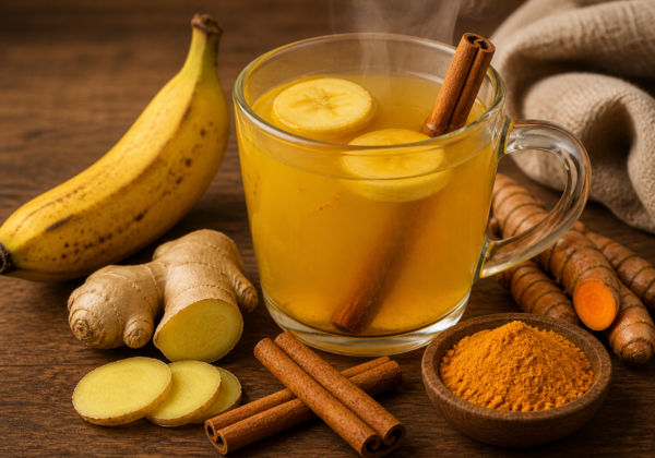 Bebida nocturna de plátano, canela, jengibre y cúrcuma para relajarte mejor