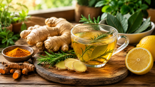Infusión de jengibre, romero, laurel, cúrcuma y limón: beneficios, propiedades y cómo prepararla